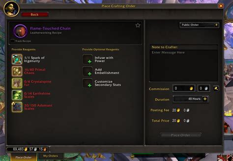 I went to cancel a work <b>order</b> so I could change the missive I had applied to a piece of armour and found I didn't get any of the mats back from it. . Crafting orders wow